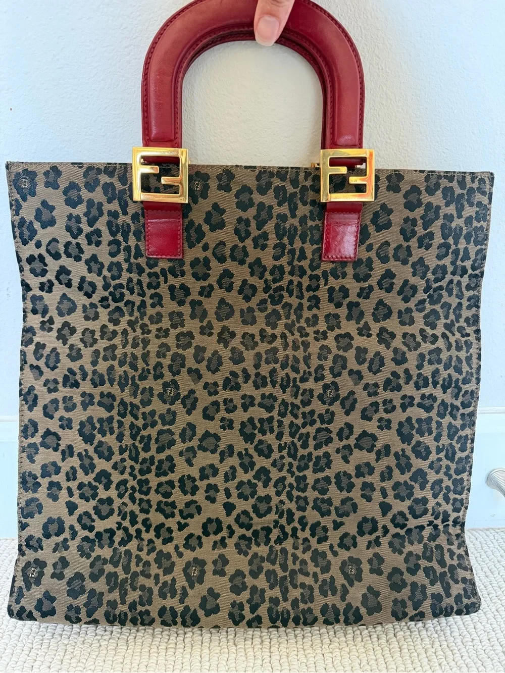 Fendi Leopard Print Tote with Red Leather Handles